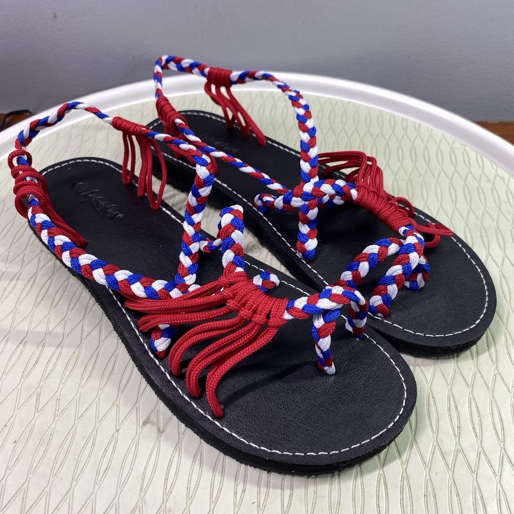 Braided Red, White & Blue Women's Flat Sandals - Casual Summer Tie-Up